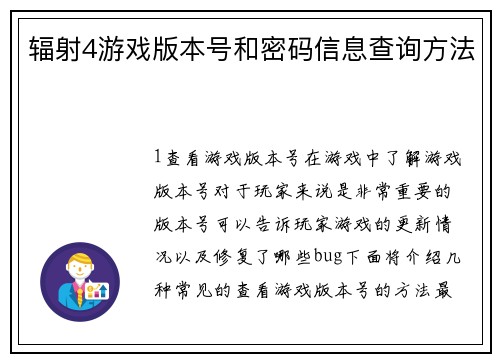 辐射4游戏版本号和密码信息查询方法